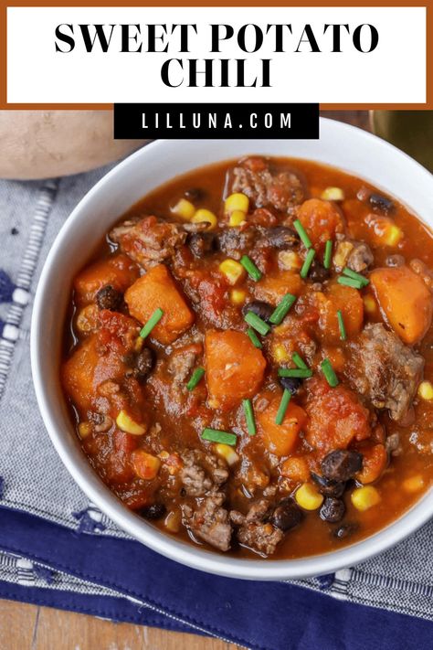 Hearty and filling sweet potato chili is a delicious take on a classic chili recipe, especially if you're a fan of sweet potatoes! #sweetpotatochili #sweetpotato #chilirecipe #chili #stew Sweet Potato Chili Crockpot, Chilli Recipe Crockpot, Healthy Delicious Soups, Pumpkin Chilli, Sweet Potato Chilli, Sweet Potato Chili Recipe, Sausage Chili, Chili Stew, Classic Chili Recipe