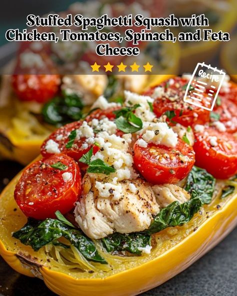 Luscious Recipes | Stuffed Spaghetti Squash with Chicken, Tomatoes, Spinach, and Feta Cheese Recipe 🍽️🍅🐔 | Facebook Stuffed Spaghetti Squash Recipes, Spaghetti Squash With Chicken, Luscious Recipes, Spaghetti Squash Boat, Stuffed Spaghetti Squash, Chicken Tomatoes, Feta Cheese Recipes, Chicken Spinach, Feta Recipes