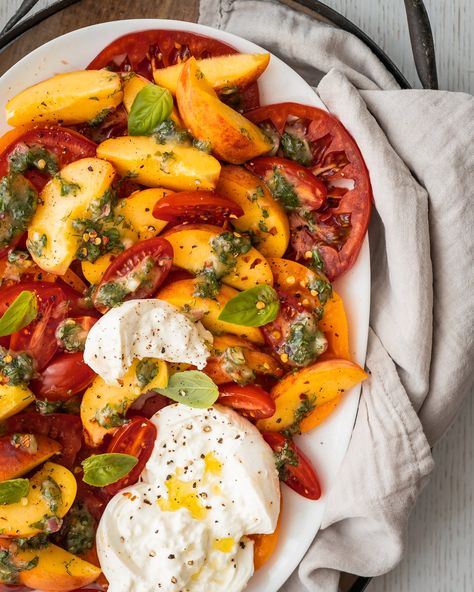 Tomato, Peach & Burrata Salad — Mademoiselle Jules Peach Burrata Salad, Peach And Burrata, Peach Burrata, Fancy Appetizers, Burrata Salad, Peach Salad, Steal The Spotlight, Fresh Oregano, Sweet Potato Fries