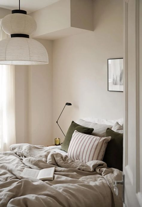 Beige Scandinavian Bedroom, Mens Neutral Bedroom, Beige Bedroom With Green Accents, White Taupe Bedroom, White And Neutral Bedroom, Taupe Bedroom Walls, Beige Green Bedroom, Cosy Small Bedroom, Green Beige Bedroom