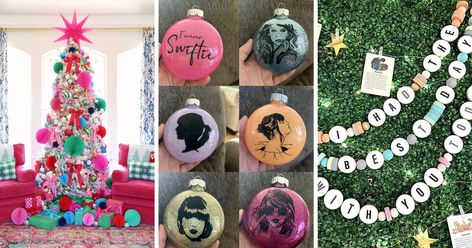 Cancel Christmas! The Swifties Have Already Won with Their Taylor Swift-Inspired Decorations Taylor Swift Christmas Decor Ideas, Taylor Swift Christmas Door Decoration, Taylor Swift Tree Ideas, Swiftmas Tree Ideas, Swiftie Christmas, Swiftie Christmas Tree, Taylor Swift Holiday House, Swiftie Decor, Taylor Swift Christmas Tree Ideas