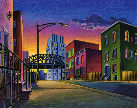 Background Painting for Animation by DOUG APPLETON at Coroflot.com Background Painting, Bg Design, Boom Bap, City Cartoon, Kids Background, Anime Drawing Books, Hey Arnold, Background Drawing, Canvas Painting Designs