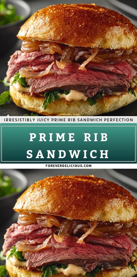 I'm excited to share my latest creation: a mouthwatering Prime Rib Sandwich that is the perfect blend of flavors and textures! Juicy, tender prime rib is complemented by sweet, caramelized onions, all nestled in a toasted bun. Every bite is a savory delight that will have you coming back for more. Perfect for a weekend treat or a special gathering! Prime Rib Roast Sandwich, Prime Rib Sandwiches, Leftover Prime Rib Sandwich, Prime Rib Sandwich Recipe, What To Serve With Prime Rib, Prime Rib Leftover Recipes, Rib Sandwich Recipe, Prime Rib Sliders, Prime Rib Sides