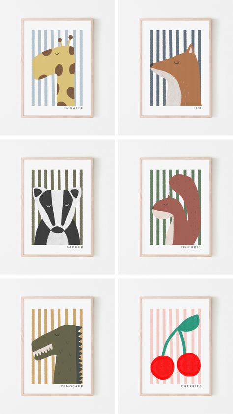 Nursery Room Prints, Jungle Theme Room Ideas, Nursery Frames Decor, Nursery Art Work, Nursery Poster Ideas, Gallery Wall Kids Room, Kids Prints Design, Animal Poster Design, Zoo Bedroom