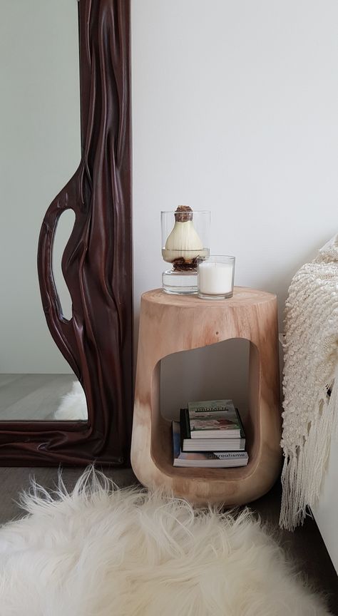 Carved Wood Nightstand, Asymmetrical Bedside Tables, Wood Side Tables Bedroom, Organic Bedside Table, Wabi Sabi Bedside Table, Cool Bedside Table, Japandi Bedside Table, Stump Bedside Table, Stone Bedside Table