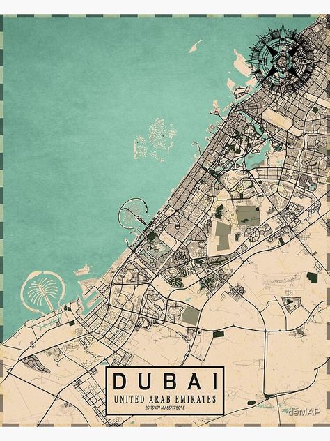 "Dubai City Map of UAE - Vintage" Poster by deMAP | Redbubble Dubai Collage, Dubai Poster, Dubai Islands, Dubai Map, Vintage Cityscape, Islamic City, Maps Aesthetic, City Maps Design, Cities Skylines