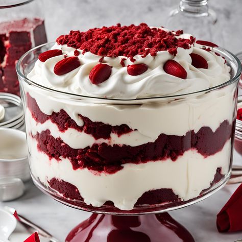 Red Velvet Trifle Red Velvet Trifle Cups, Red Velvet Trifle Desserts Christmas, Red Velvet Trifle Desserts, Red Velvet Poke Cake Recipe, Trifles Desserts, Trifle Desserts Christmas, Red Velvet Trifle, Red Velvet Poke Cake, Cherry Trifle