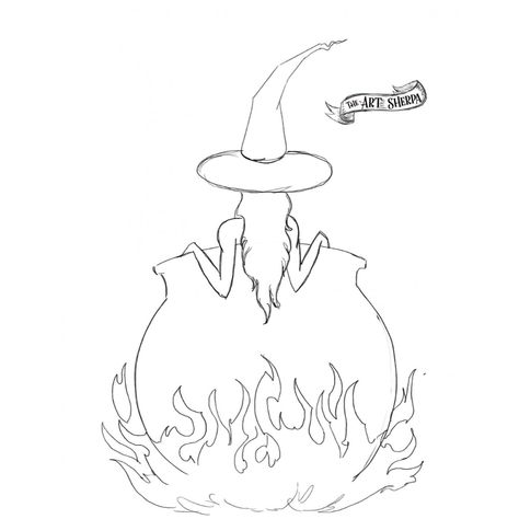 Witchy Cauldron Bath / 13 Days Of Halloween - The Art Sherpa Community | The Art Sherpa Halloween Traceables, Cottagecore Line Art, Simple Witch Drawing, Witchcraft Art Drawing, Witch Canvas Painting, Easy Witch Drawing, Witch Lineart, Witchy Drawings Simple, Witch Sketch