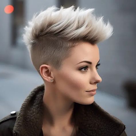 Edgy Undercut Bob, Women’s Faux Hawk Haircut, Pixie Mohawk Faux Hawk, Faux Hawk Pixie, Short Layered Hair, Layered Haircut Ideas, Short Punk Hair, Shaved Pixie, Bar Stuff