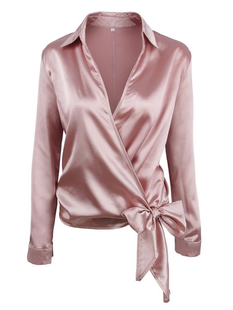 Blusa de satén con ribete de nudo -Spanish SheIn(Sheinside) Satijnen Blouses, Satin Wrap Blouse, Áo Blu, Vestidos Maxi, Shein Women, Outfit Pieces, Red Long Sleeve Shirt, Pink Long Sleeve Shirt, Pastel Fashion