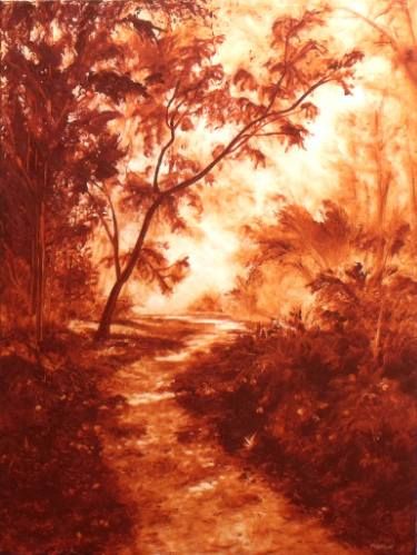 Saatchi Art Artist Marion Webber; Painting, “Sienna Land 1” #art Fairytale Oil Painting, Burnt Forest Art, Path In The Woods Painting, Golden Forest Painting, Painting Sunlight Through Trees, Monochromatic Art, Conceptual Painting, Expressionism Painting, Landscape Art Painting