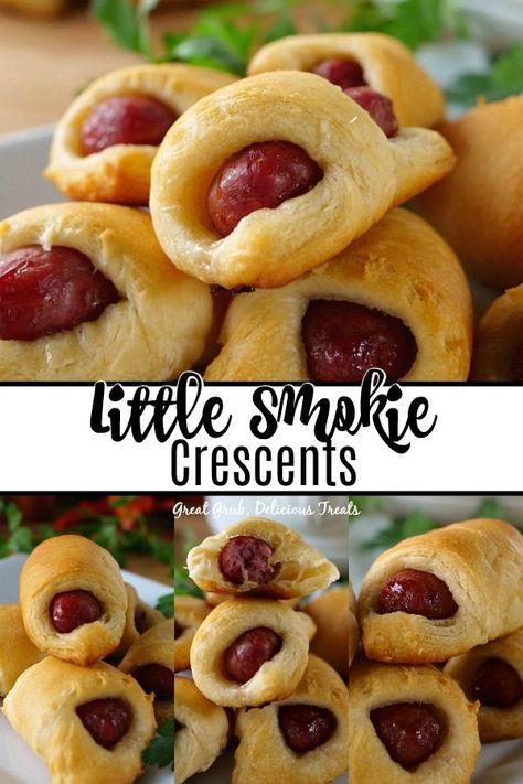 Little Smokie Crescents are delicious little smokies wrapped in crescents and make the best appetizer recipe. #easyappetizers #partyfood #tailgatingappetizers #deliciousrecipes #greatgrubdelicioustreats Crescent Roll Smokies Recipes, Crescent Wrapped Smokies, Little Smokies Wrapped In Crescent Rolls, Crescent Roll Little Smokies, Recipes For Little Smokies, Smokies Wrapped In Crescent Rolls, Little Smokies Appetizers, Little Smokies Crescent Rolls, Lil Smokies Recipes