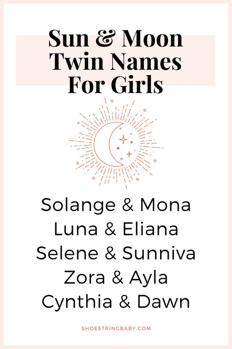 Searching for sun and moon names? This list of Sun and Moon twin names for girls offers a unique and celestial spin on naming twins. From classic to unique, find the perfect pair of girl twin names that symbolizes the special bond between your baby girls. #TwinNames #BabyNames #BoysNames #SunMoonNames #CelestialNames #NamePairings Sun Names Girl, Celestial Last Names, Fantasy Twin Names, Moon Names Aesthetic, Celestial Girl Names, Twin Names For Girls, Names Meaning Sun, Names For Twins, Celestial Names