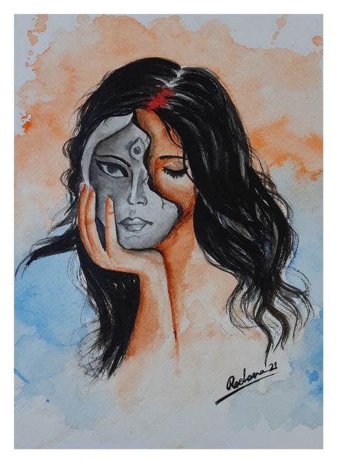 Durga Puja Drawing Easy, Ma Durga Drawing Easy, Ma Durga Sketch, Ma Durga Painting, Durga Drawing Art, Durga Sketch, Bangla Art, Durga Drawing, Watercolor Course