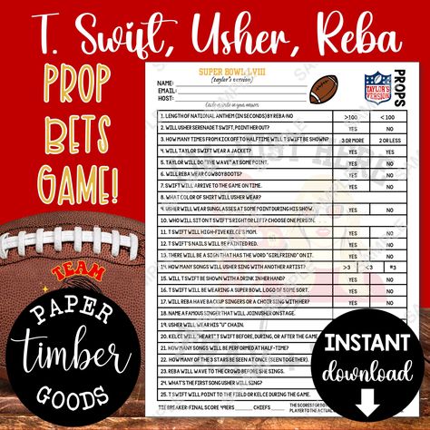 Add some SWIFTY FUN to your Super Bowl gathering with this popular prediction game featuring questions/bet questions about TAYLOR SWIFT, USHER, and REBA!!! Super Prediction Game 58, Football 2024 Game, Game Time Predictions, Football Predictions, The Big Game 58 LVIII 2024, Watch Party, Super 58 Super Bowl Party Game for Super Bowl LVIII, Super Bowl 58. Super Bowl Prop Bets 2024, Super Bowl Betting Games, Swiftie Super Bowl Party, Super Bowl Drinking Game, Super Bowl Prop Bets, Taylor Swift Football, Super Bowl Props, Super Bowl Predictions, Superbowl Squares