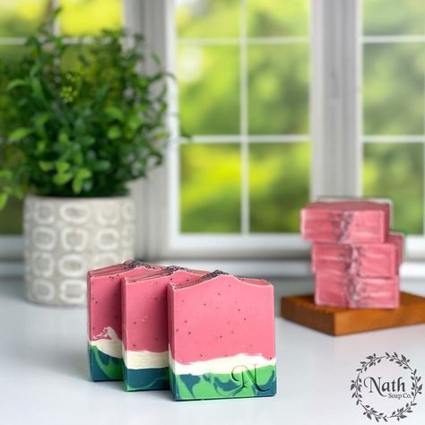 Nath Soap Company | Handcrafted Cold Process Soaps on Instagram: “Watermelon 🍉 looking all ready and pretty 🤩 Scented with notes of watermelon and strawberry; followed by middle notes of jasmine, rose, and…” Watermelon And Strawberry, Watermelon Soap, Wallingford Connecticut, Soap Design Ideas, Soap Studio, Soap Design, Ritual Bath, Soap Company, Artisan Soap