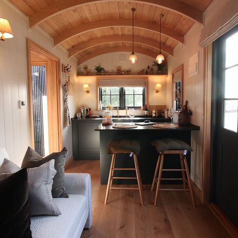 Large Shepherds Hut With Bathroom, Buy Holiday Cabin Shepherds Hut Layout, Large Shepherds Hut, Shepherd Hut Interiors, Shepherds Huts, Shepard Hut, Shepherds Hut Interior Ideas, Shepherds Hut For Sale, Lounge Seating Area, Oak Headboard