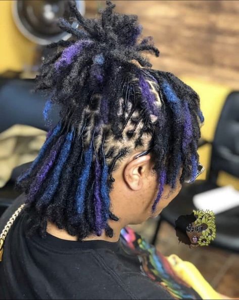 Blue And Purple Locs Black Women, Dye Dreadlocks Black Women, Dyed Locs Black Women Ombre, Black And Purple Locs, Blue And Purple Locs, Colored Locks, Locs Dyed Black Women, Dyed Loc Tips, Blue And Green Locs