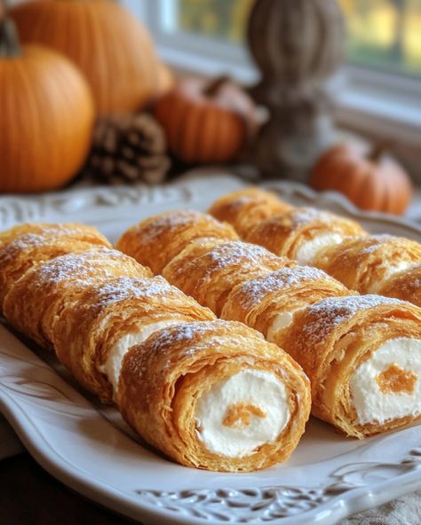 Mini Pumpkin Rolls, Pumpkin Roll With Cream Cheese Filling, Cream Cheese Pumpkin Pie, Cheese Pumpkin Pie, Pumpkin Cream Cheese Roll, Cream Cheese Pumpkin, Cream Cheese Puff Pastry, Canned Biscuit, Cream Cheese Roll Up