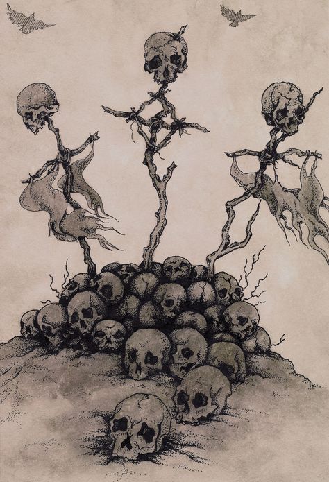 "Conquest" - Original Artwork by Rebecca Magar - Pen & Ink with Acrylic Wash on Paper. This drawing depicts a pile of skulls with three shrewdly-made celtic crosses topped by more skulls. Bone Drawing, Name Drawings, Horror Drawing, Tree Drawings Pencil, Skeleton Drawings, Heavy Metal Art, Skulls Drawing, Dark Art Tattoo, Occult Art