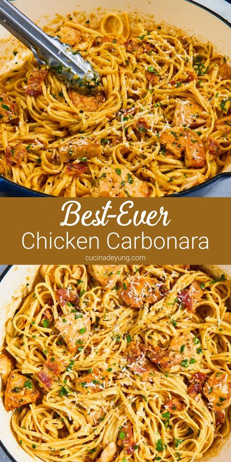 Best-Ever Chicken Carbonara Recipe – CucinaDeYung Delicious Summer Meals, Foods To Make When Bored, Short Pasta Recipes, Linguine Recipes Chicken, Recipes For A Big Family, Top Recipes On Pinterest Most Popular, Dinner Ideas With Noodles, Fun Things To Cook For Dinner, Friends Dinner Ideas