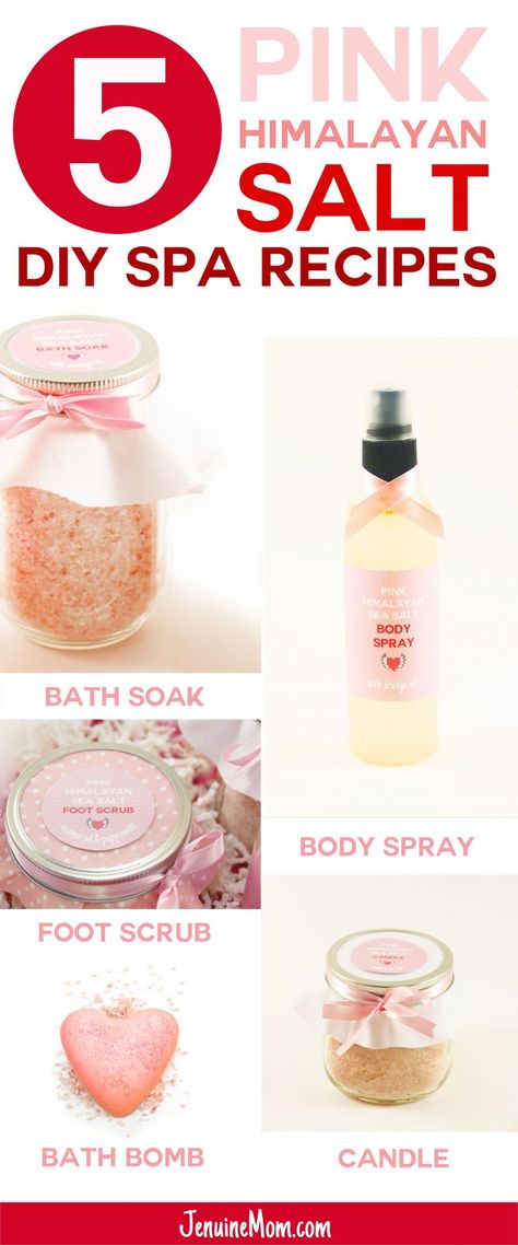 DIY Pink Himalayan Salt Spa | Bath Salts | Foot Scrub | Body Spray | Aromatherapy Candle | Bath Bomb | JenuineMom.com Diy Spa Recipes, Bath Salts Gift, Spa Recipes, Diy Kosmetik, Foot Scrub, Aromatherapy Gifts, Diy Spa, Homemade Bath Products, Bath And Body Care