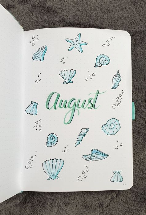 August bullet journal cover page 2019 blue ocean sea shell themed summer bujo Summer Bujo, August Bullet Journal Cover, August Bullet Journal, Bullet Journal August, Journal Cover Page, Bullet Journal Month, Bullet Journal Cover, Bullet Journal Page, Bullet Journal 2020