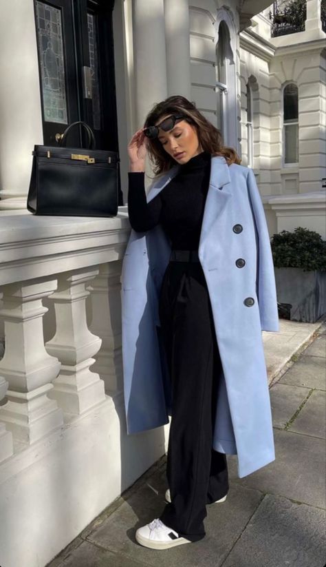 Sky Blue Winter Outfit, Blue Pea Coat Outfit, Blue Long Coat Outfit, Light Blue Coat Outfit Winter, Light Blue Trench Coat Outfit, Baby Blue Coat Outfit, Blue Coat Outfits For Women, Blue Coat Outfit Winter, Blue Trench Coat Outfit