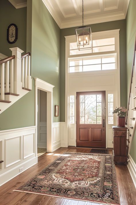 sage-green-entryway Green Paint White Trim, Sage Green Wall Design, Sage Entryway Walls, Hallway Sage Green, Entrance Wall Color Ideas, Olive Green Entryway, 2 Tone Hallway, Sage Entryway, Olive Green Hallway