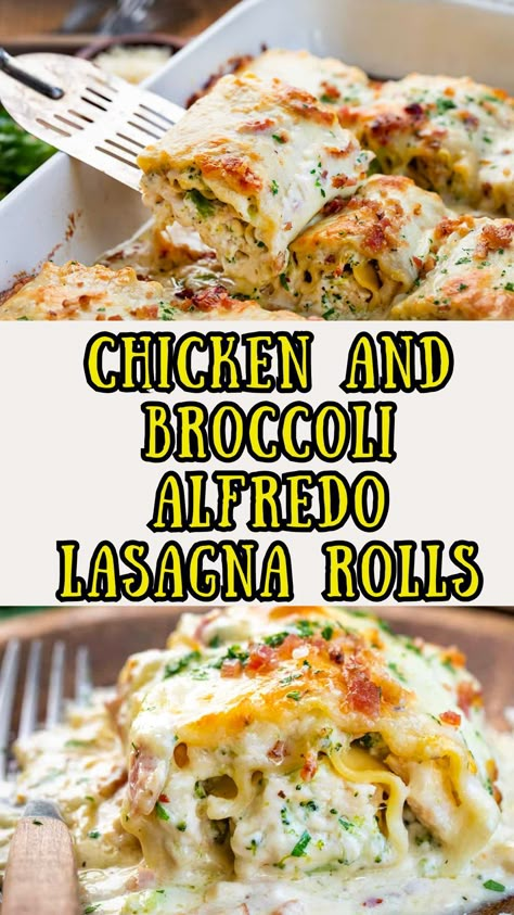 Chicken and Broccoli Alfredo Lasagna Rolls Stuffed Lasagna Rolls, Alfredo Lasagna Rolls, Chicken And Broccoli Alfredo, Cheesy Chicken And Broccoli, Garlic Alfredo Sauce, Chicken Lasagna Rolls, Broccoli Pasta Bake, Chicken Alfredo Lasagna, Alfredo Sauce Recipe Homemade