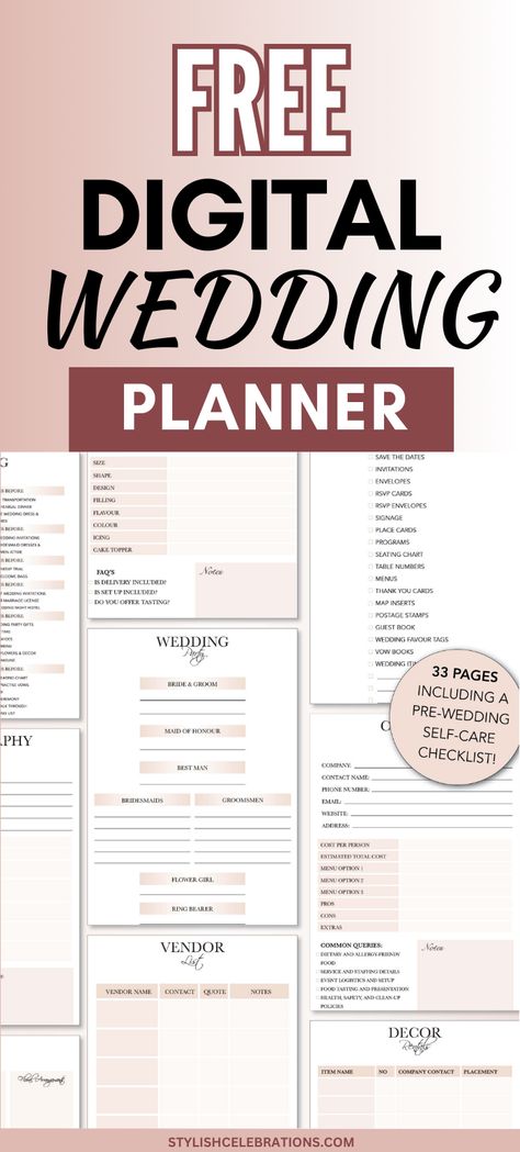 Free Digital Wedding Planner Printable Wedding Planning Guide Printable Free, Wedding Planner Checklist Free Printable, Wedding Planning List Free Printable, Wedding Planning Templates Free, 10000 Wedding Budget Ideas, Wedding Planning Worksheets, Wedding Planning Binder Printables Free, Wedding Planner Digital, Wedding Day Binder Printables Free