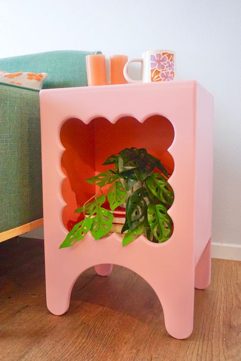 Funky Plant Stand, Wall Hook Shelf, Small Flat Hacks, Painted Wood Shelves, Diy Wavy Shelf, Funky End Tables, Fun Side Tables, Pink And Orange Office, Kawaii Nightstand