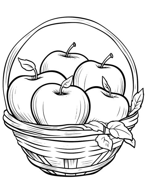 Basket Full of Apples: A basket overflowing with apples of different sizes. (Free Printable Coloring Page for Kids) Basket With Apples Drawing, Apple Basket Drawing, Farmers Market Coloring Pages, Basket Of Apples Drawing, Coloring Pages Fruits, Free Apple Coloring Pages, Fruit Coloring, Fruits Coloring Pages For Kids, Apple Basket