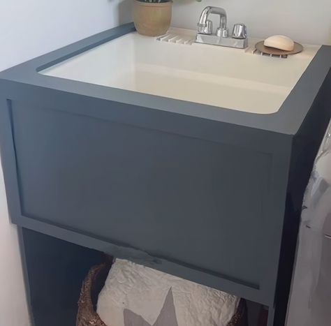 DIY box cover on utility sink Laundry Room Sink Cover, Hide Utility Sink Laundry Room, Cover Utility Sink In Laundry Room, Cover Utility Sink, Built In Utility Sink, Slop Sink, Sink Cover, Budget Bathroom Remodel, Laundry Room Sink