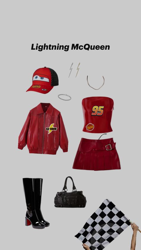 Lightning McQueen Halloween costume idea Red Skirt Halloween Costume Ideas, Halloween Costumes Lightning Mcqueen, Red Boots Halloween Costume, Red Shirt Halloween Costume, Red Halloween Outfit, Red Halloween Costume Ideas, Halloween Costume With Red Dress, Max And Ruby Costume, Red Top Halloween Costume