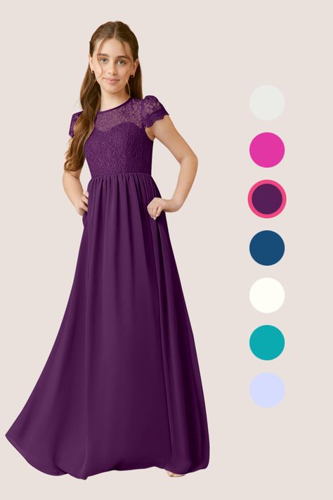 Make an entrance with our Delevingne Junior Bridesmaid Dress! She is a floor length, A-line dress made of chiffon and lace! Some of her features include a scoop neckline, lace bodice with cap sleeves and a gathered skirt. Feel amazing and delicate in this beautiful number! Lavender Candy, Junior Girl Dresses, Junior Bridesmaid Dress, Burgundy Bridesmaid Dresses, Junior Bridesmaid Dresses, Junior Bridesmaid, Navy Fashion, Gathered Skirt, Lace Bodice