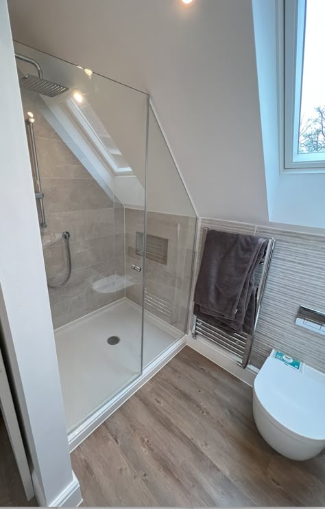 Gallery | Bespoke Shower Door Images | Click Bathrooms Loft Shower Room Ideas Sloped Ceiling, Angled Roof Shower Ideas, Angled Shower Ideas, Loft And Sloping Ceiling Showers, En Suite Shower Room Sloping Roof, Bathroom Sliding Door Ideas, Glass Shower Door Attic, Bathroom Sliding Door, Sloped Wall