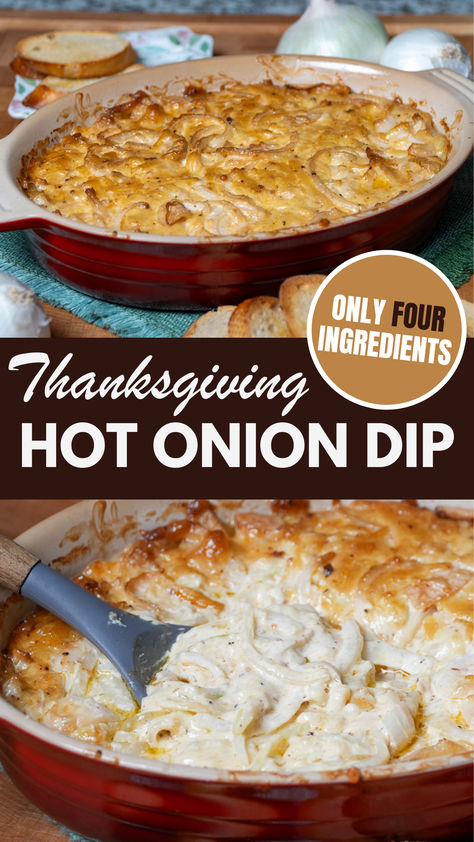 Two-image collage featuring smoked hot onion dip served for Thanksgiving dinner. Dips To Make For Thanksgiving, French Bread Dip Appetizers, Smoked Onion Dip, Turkey Dip Recipes, Gouda Dip, Easy Thanksgiving Appetizer, Thanksgiving Dip, Hot Onion Dip, Fall Finger Foods