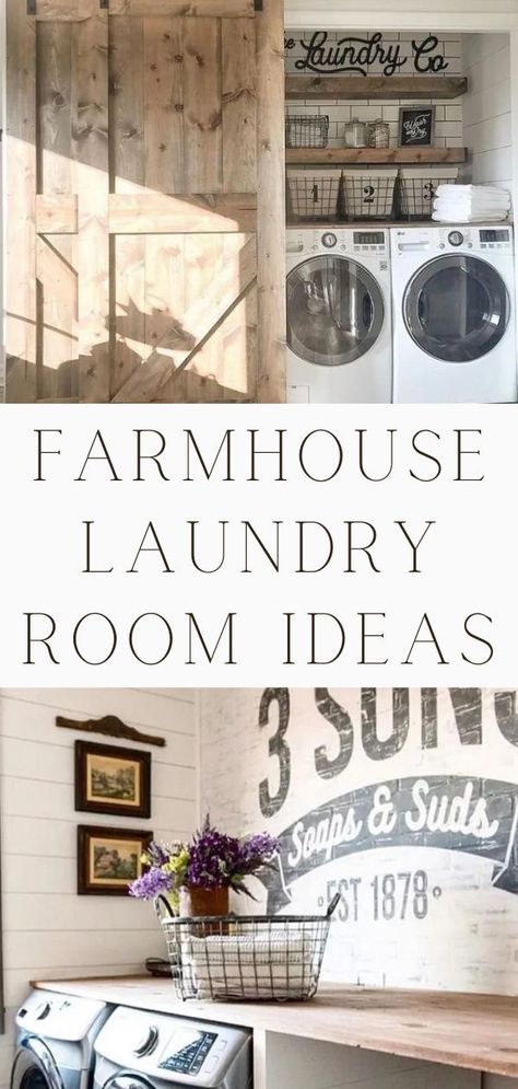 10 of the best, beautiful and clever farmhouse laundry room designs that will inspire you. These DIY inspired washroom decorations work well for small or large spaces. With vintage, modern, rustic, fixer upper, country, and shabby chic vibes there is a little for everyone. Fun signs, shelves for organization, ideas and more. So grab some paint, clothespins, tile and your tools to transform your laundry. And be inspired with a dutch and barn door too. Vintage laundry room ideas. Laundry Signs Diy, Vintage Laundry Sign, Farmhouse Laundry Room Ideas, Modern Farmhouse Laundry Room, Laundry Room Designs, Country Laundry Rooms, Vintage Laundry Room Decor, Laundry Room Paint, Laundry Room Colors