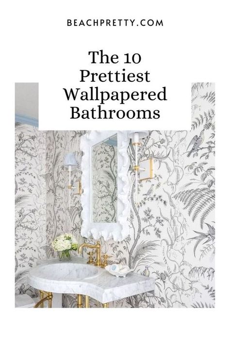 Powder Room Ideas Wallpaper, Powder Room Wallpaper Modern, Coastal Powder Room Ideas, Wallpapered Bathrooms, Powder Bath Wallpaper, Small Powder Room Wallpaper, Coastal Powder Room, Coastal Home Design, Powder Bathroom Ideas