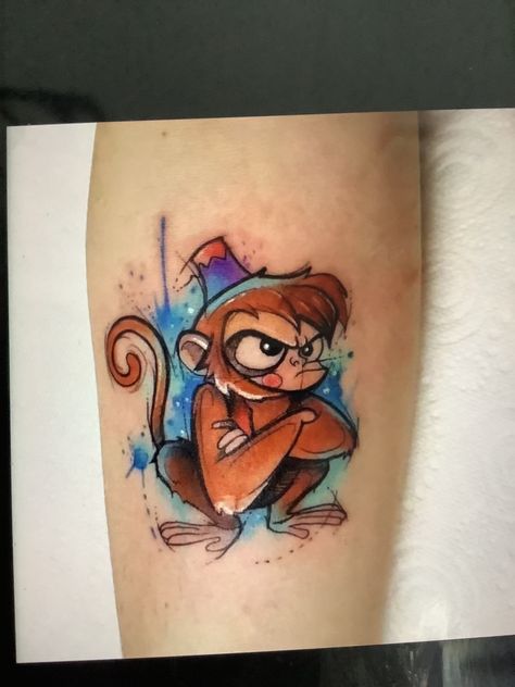 Aladdin Tattoo, Disney Watercolor Tattoo, Disney Inspired Tattoos, Disney Sleeve Tattoos, Monkey Tattoo, Disney Sidekicks, Tattoo Disney, Aladdin Disney, Disney Sleeve