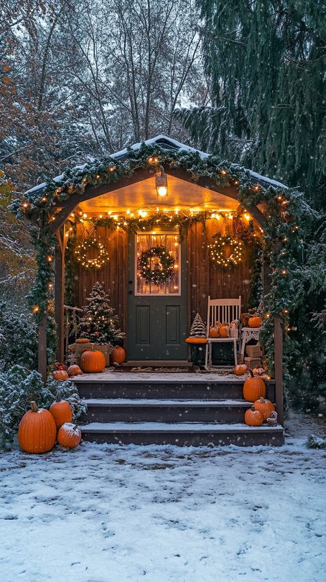 Cozy cabin porch decorated for Christmas with lights, garlands, pumpkins, and greenery, set in a snowy winter wonderland. Covered Front Porch Christmas Decor, Table Greenery, Covered Front Porch, Luxury Christmas Decor, Rustic Front Door, Front Door Styles, Rustic Porch, Winter Porch, Christmas Decoration Ideas