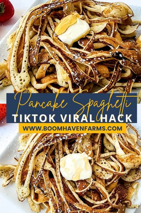 Spaghetti Pancake Viral TikTok Recipe Freezer Pancake Batter, Spaghetti Pancakes Video, Elf Spaghetti Pancakes, Marriage Level Pancakes, Spaghetti Pancakes Recipes, Pancake Spaghetti Recipe, Pancake Add Ins, Pancake Ideas Creative, Pancake Batter Ideas