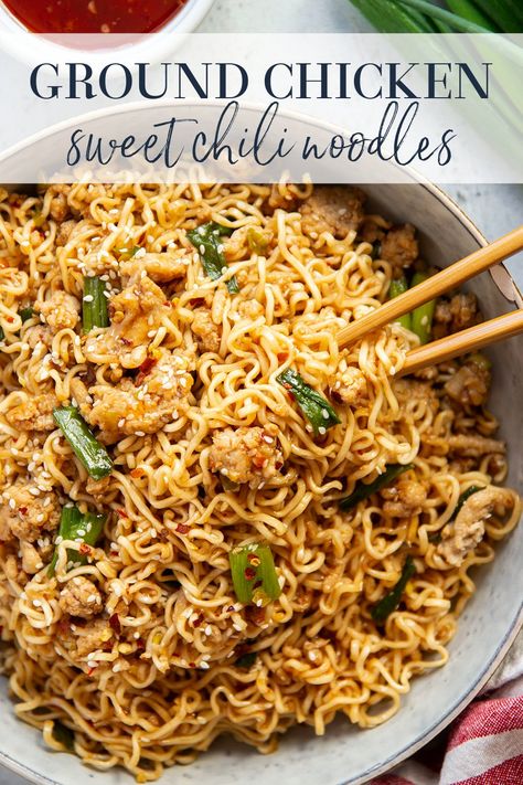 Ground Chicken Chow Mein, Ground Chicken And Pineapple, Ground Chicken Noodles, Ground Chicken Lunch Ideas, Ground Chicken Rice Recipes, Ground Chicken Meal Ideas, Best Ground Chicken Recipes, Spicy Chicken Ramen Noodle Recipes, Asian Ground Chicken Recipes