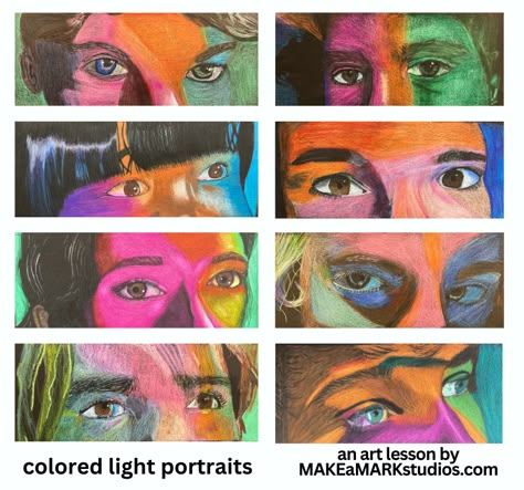 How to create a colored light portrait drawing » Make a Mark Studios Drawing A Portrait, Explore Drawing, Colorful Art Projects, Using Colored Pencils, Colored Pencil Art Projects, High School Art Lesson Plans, High School Art Projects, 8th Grade Art, Light Portrait