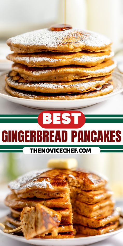 Festive, warmly-spiced Gingerbread Pancakes are a wonderful holiday season breakfast. They are light, fluffy, and full of gingerbread flavor! Gingerbread Breakfast Recipes, Christmas Theme Breakfast Ideas, Ginger Bread Pancakes, Keto Gingerbread Pancakes, Gingerbread Waffles, Christmas Breakfast Ideas Pancakes, Gingerbread Pancakes Easy, Gingerbread Pancakes Recipe, Holiday Pancakes