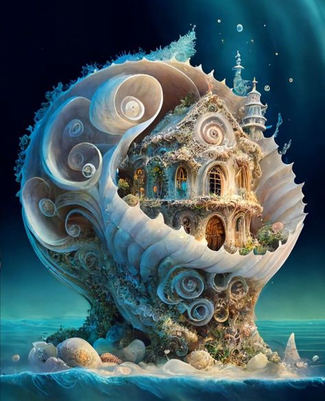 Seashell House Concept Art, Fantasy Buildings, Magical House, Fairy House Crafts, Digital Pics, Cozy Cottages, Whimsical Artwork, Henri Rousseau, Fantasy Images