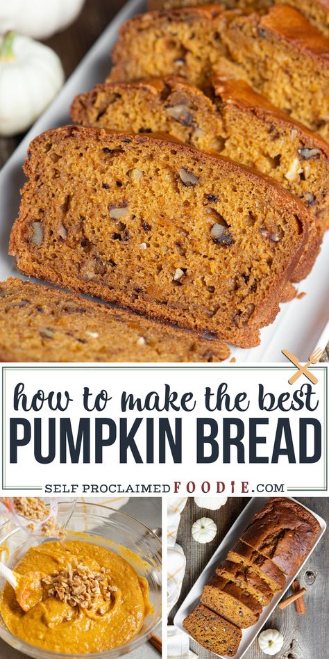 This homemade Pumpkin Bread is everything you want in a fall recipe. It is moist, fluffy, and bursting with fall flavors. No electric mixer is needed and this might just be the best no-fail quick bread recipe you'll ever find. #pumpkin #pumpkinbread #quickbread #baking #recipe #best #moist #applesauce #walnut Pumpkin Bread Walnut, Pumpkin Bread Applesauce, Pumpkin Bread With Nuts Recipe, Pumpkin Walnut Bread, Pumpkin Nut Bread, Homemade Pumpkin Bread, Easy Holiday Baking, Bread Artisan, Walnut Bread Recipe