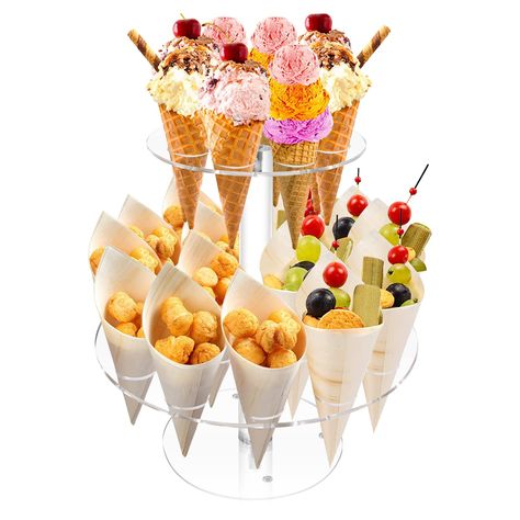 PRICES MAY VARY. 【Safe&Healthy】This cone holder stand is for ice cream cone display stands which are manufactured in high transparent 0.12inch thick acrylic which is food safe material, sturdy and durable. Each stand is designed to hold up to 24 snow cone holder,paper cones for food,sugar cones,Sushi Hand Rolls. 【Sturdy 】Design lets the Ice Cream Cone not to wobble around. Material: acrylic.Hole Diameter: Approx. 1.2inch; Bottom layer: Approx. 6.1inch;2tier：11inch，3tier：6.1inch;Height: Approx. 1 Ice Cream Cone Holder, Food Display Stands, Ice Cream Holder, Ice Cream Cone Cupcakes, Ice Cream Cone Cake, Cupcake Display Stand, Holiday Desserts Christmas, Cake In A Cone, Dessert Holder