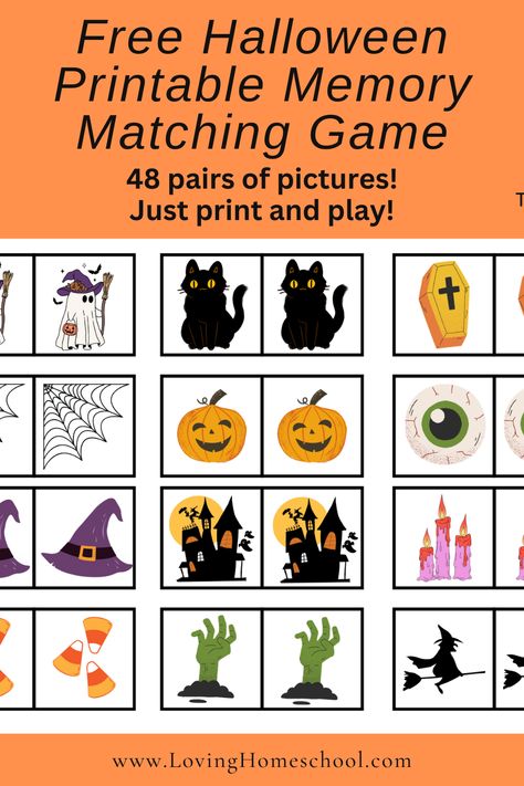 Match Halloween pictures with this Free Printable Halloween Memory Matching Game! Perfect for elementary, preschool and even toddler ages! Pumpkin Memory Game, Halloween Memory Game Free Printable, Halloween Matching Activities, Free Printable Matching Games, Halloween Memory Game Printable, Halloween Card Games, Games For Halloween For Kids, Free Halloween Activity Printables, Halloween Games For Preschool